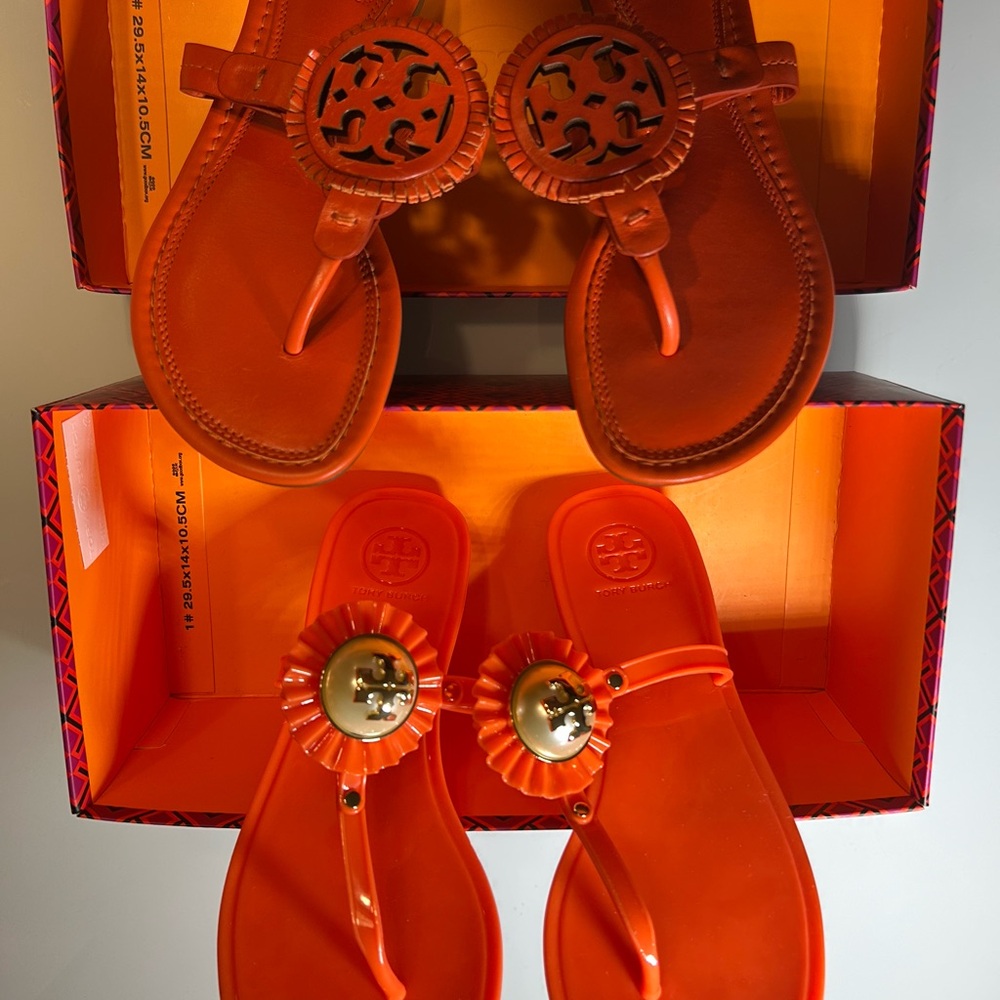 Tory Burch Orange Miller Sandals Duo with Logo Medallions